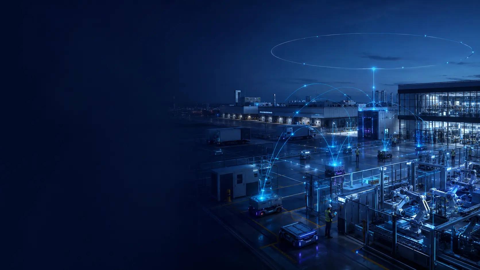 Slimme productielocatie met robots, industriële voertuigen en beveiligde private-5G-verbindingen